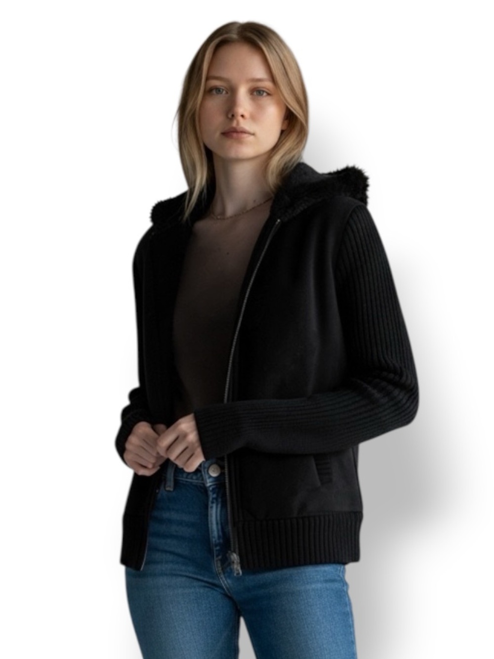 Say What? Faux Suede Bomber Jacket Faux Fur Hood Ribbed Sleeve VTG Y2K Black M